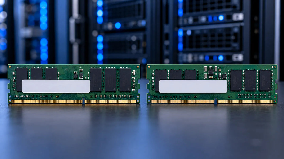 DDR4 and DDR5 server RAM memory modules standing side by side, showing different gold contact notch positions against a blue-lit data center background