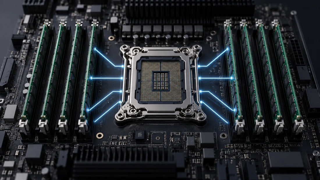 Server motherboard with central CPU socket, eight DDR4 ECC RDIMM memory modules, and glowing blue traces illustrating eight-channel memory architecture.