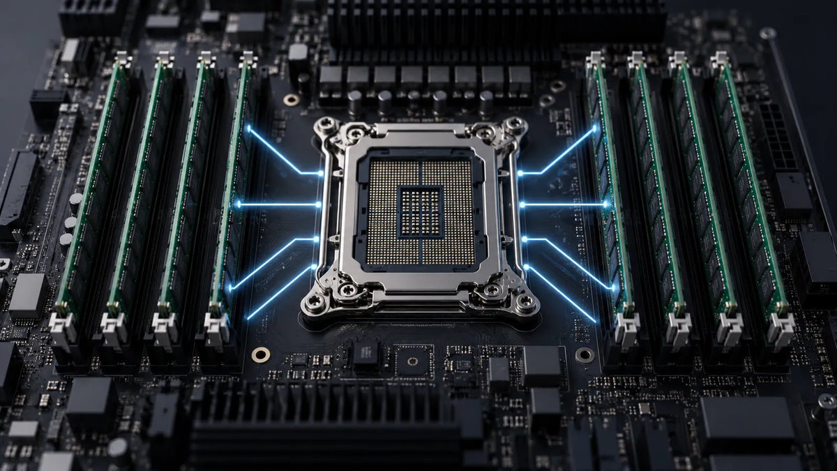 Server motherboard with central CPU socket, eight DDR4 ECC RDIMM memory modules, and glowing blue traces illustrating eight-channel memory architecture.