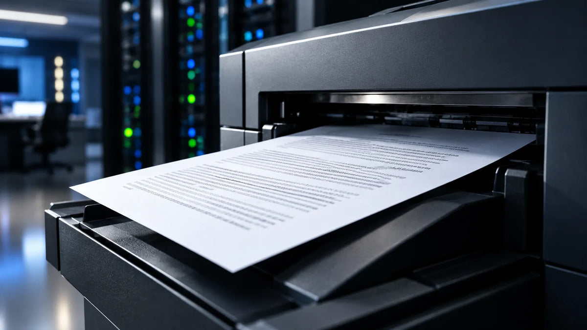 Enterprise laser printer with a document emerging from the output tray