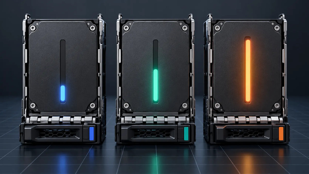 Three enterprise server SSDs in hot-swap trays with blue, teal, and orange indicator bars representing low, medium, and high SSD endurance levels