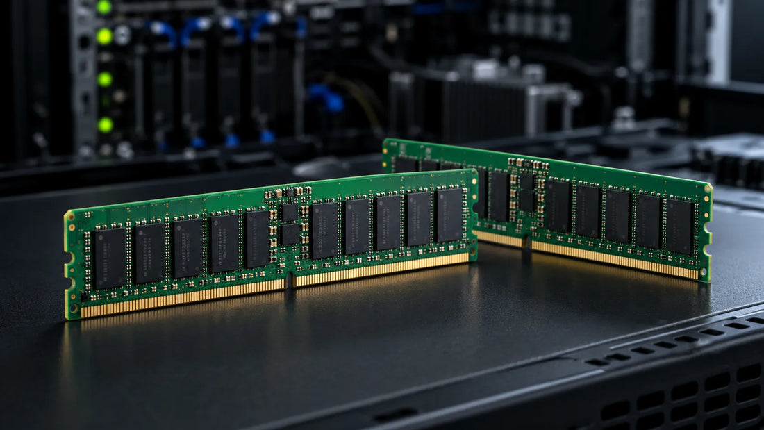 Two green DDR5 server RAM modules side by side on a dark server chassis