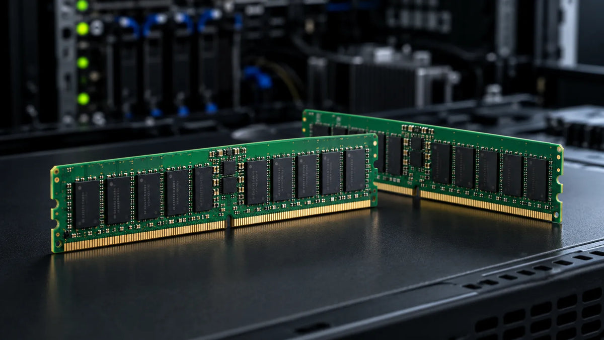 Two green DDR5 server RAM modules side by side on a dark server chassis