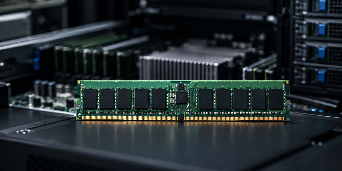 Green DDR5 server RAM module (RDIMM) with gold connector pins inside a server chassis