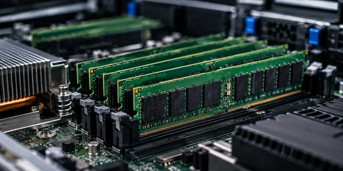 Green DDR5 server RAM modules (RDIMMs) installed in motherboard DIMM slots