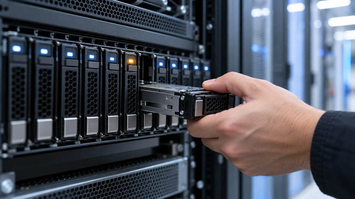 Technician inserting a replacement 2.5-inch SAS hard drive into a rack server in a data center, with an amber drive status light indicating a potential drive issue
