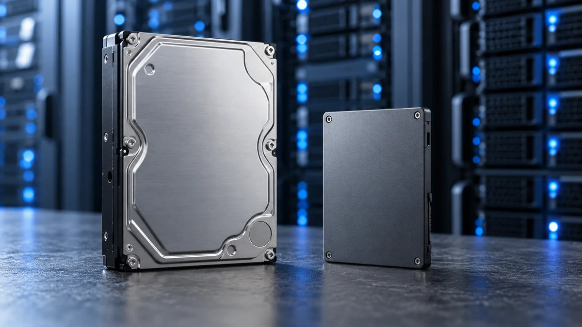 3.5-inch server hard drive and 2.5-inch enterprise SSD standing side by side on a dark surface with blue-lit server racks in the background.