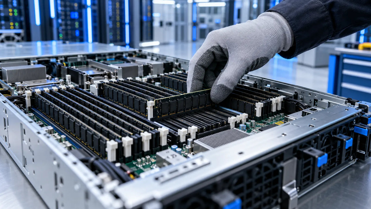 Technician wearing protective gloves installing a DDR4 ECC RAM memory module into an open 2U rack server, showing multiple memory slots and server hardware in a modern data center